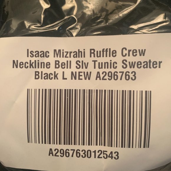 NWT ISAAC MIZRAHI BLACK RUFFLE CREW NECKLINE BELL SLEEVE TUNIC SWEATER LARGE - Picture 12 of 12